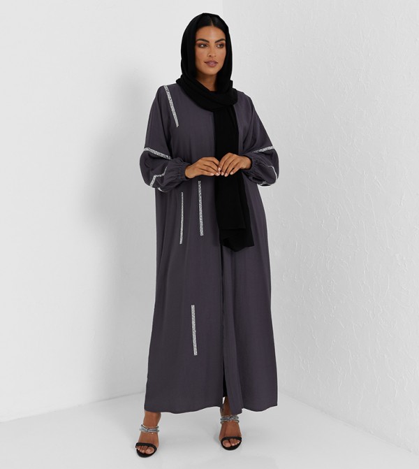 Grey Colour Abaya With Silver Color Laise Design 