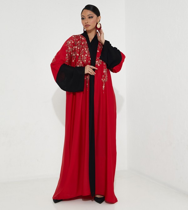 Colorblock Embroidered Flare Sleeve Abaya