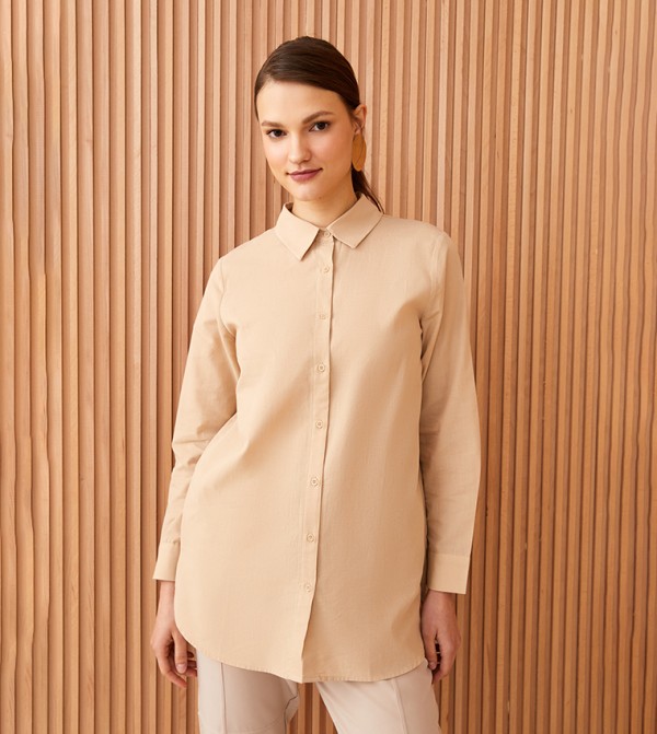 Buy LC Waikiki Shirt Collar Straight Fit Long Sleeves Tunic In Beige |  6thStreet UAE