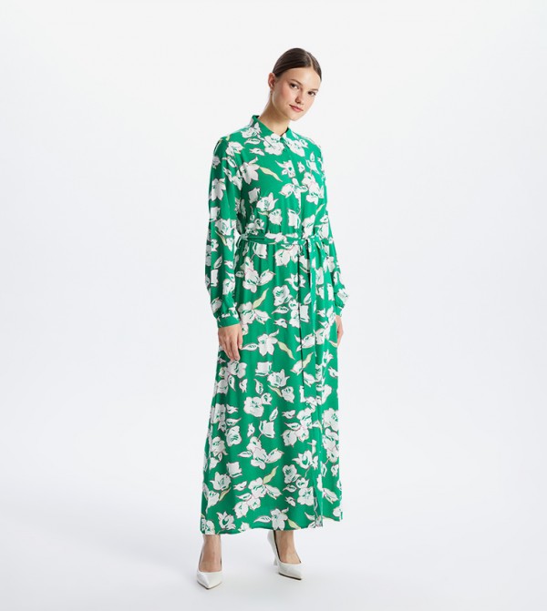 Patterned Belted Shirt Dress