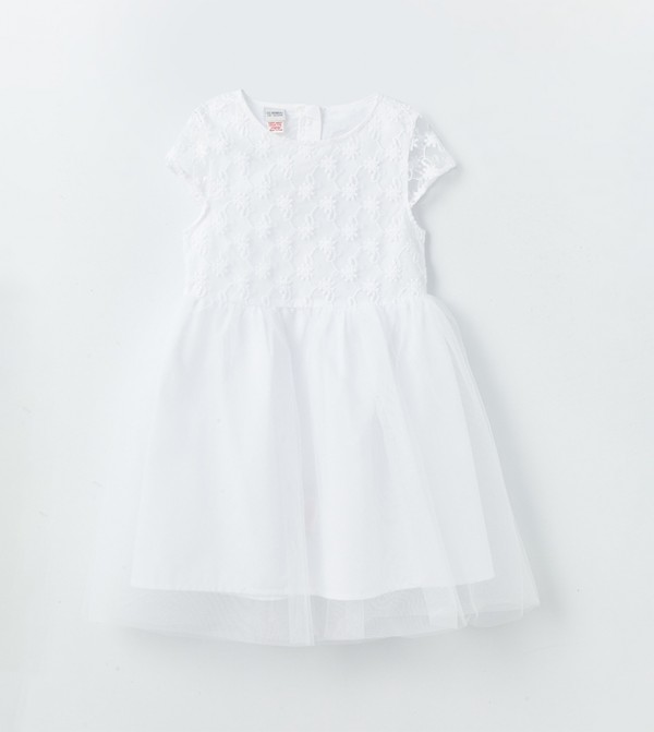 Embroidered Crew Neck Tulle Dress