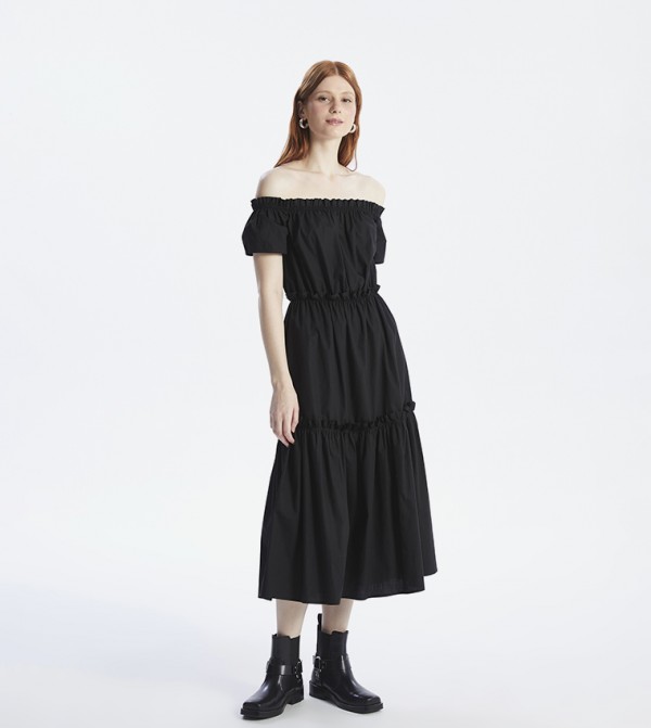 Solid Off-Shoulder Tiered Dress