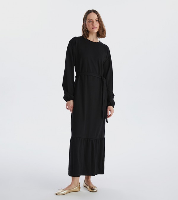 Belted Long Sleeves Maxi Dress