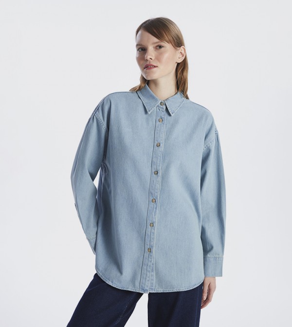 Washed Long Sleeves Oversized Denim Shirt