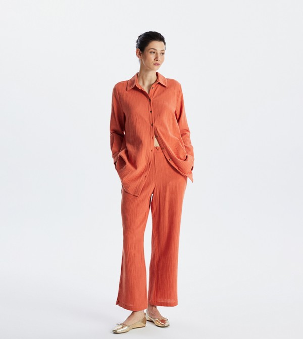 Crinkled Drawstring Waist Flared Trousers