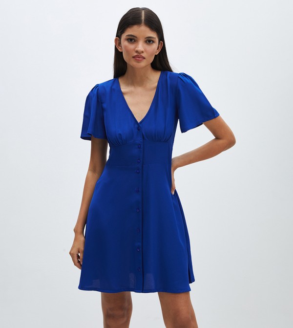 Solid V-Neck Mini Dress