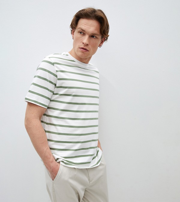 Striped Crew Neck Combed Cotton T-Shirt