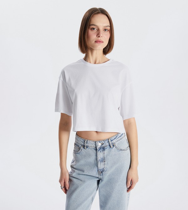 Solid Crew Neck Cropped T-Shirt