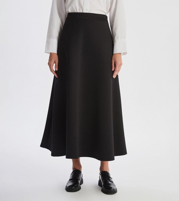 Solid Elastic Waist Flared Midaxi Skirt