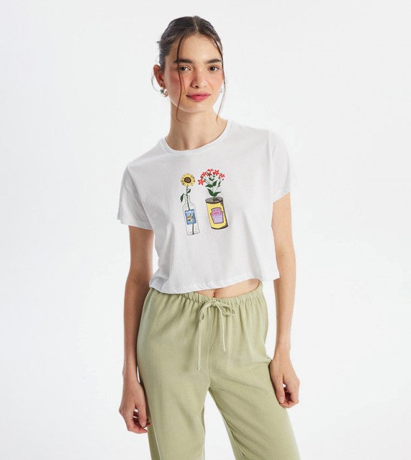 Printed Short Sleeves Crop T-Shirt