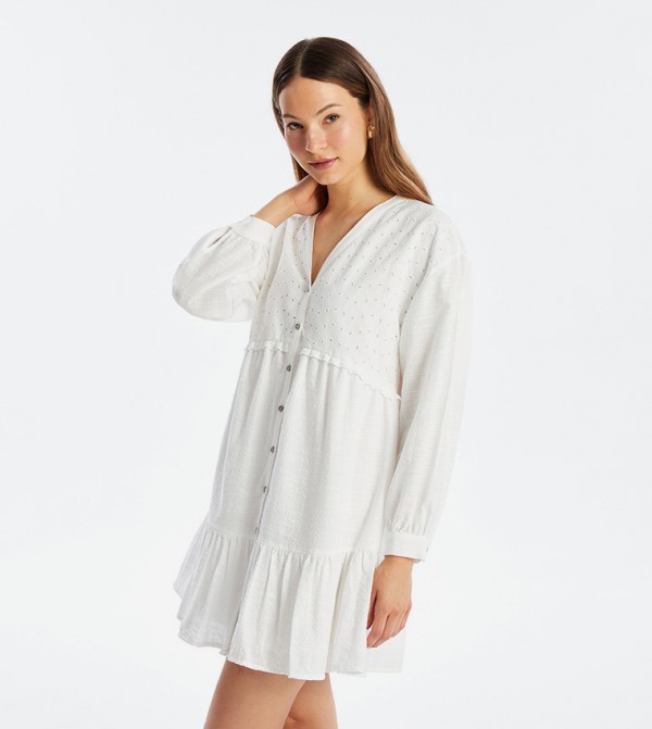 Embroidered Long Sleeves Mini Shirt Dress