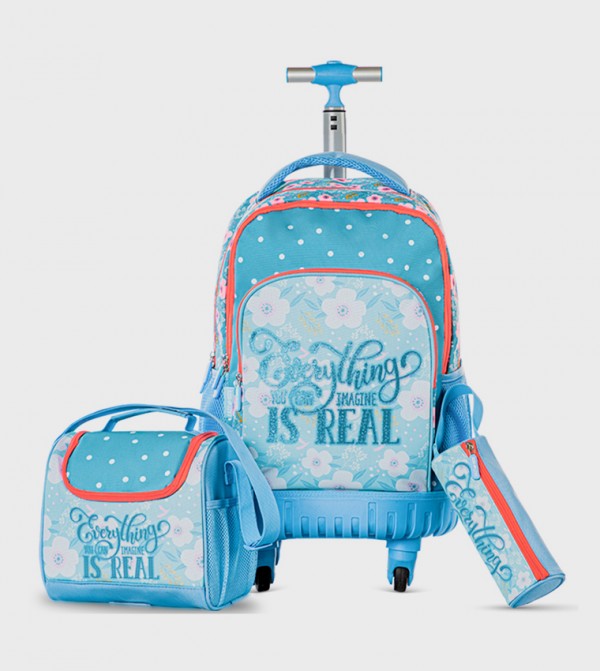 حقيبة مدرسية ترولي 4 عجلات 18 بوصة مع حقيبة طعام ومقلمة - إصدار فلورا  