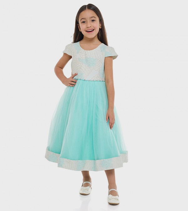 Patterned Cap Sleeves Fit and Flare Dress