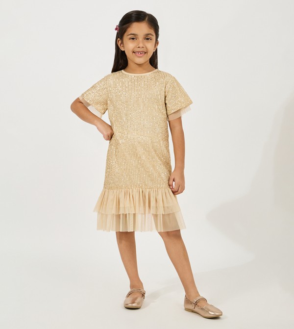 Sequined Short Sleeves A-Line Dress