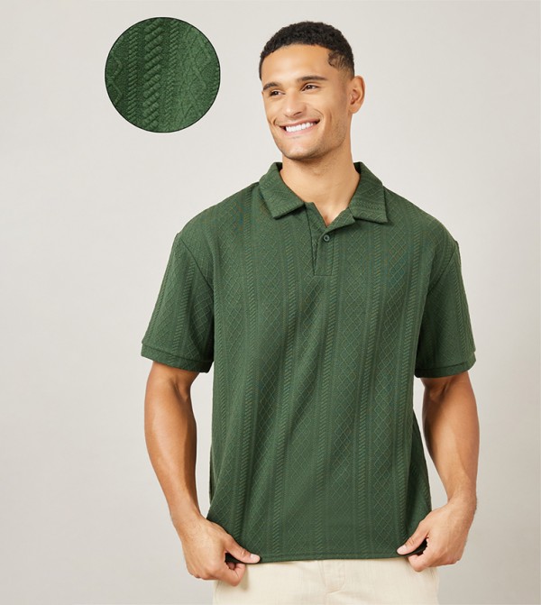 Premium Cable Textured Knit Revere Collar Oversized Polo T-Shirt