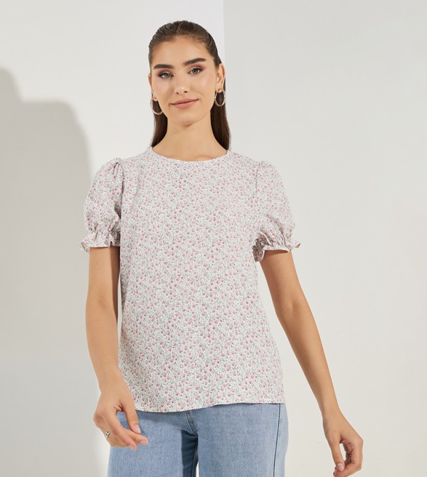 All Over Print Top with Puff Sleeves