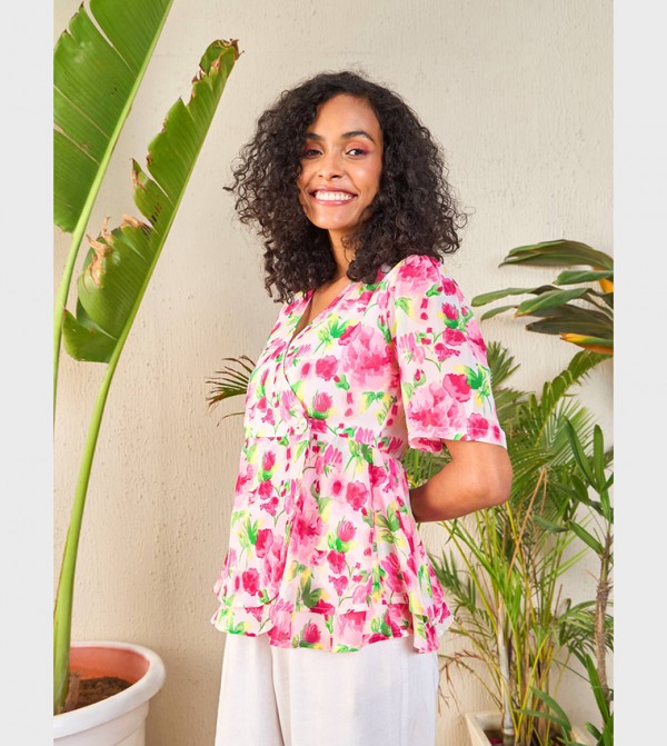 Floral Print Wrap Peplum Top