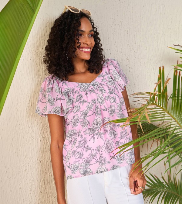 Floral Print Sweetheart Neck Top