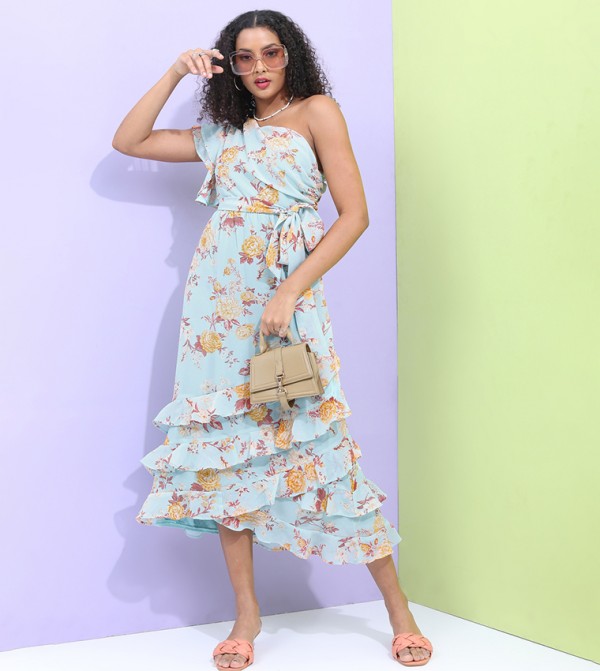 Printed One Shoulder Neck Ruffled Tiered Midi Dress