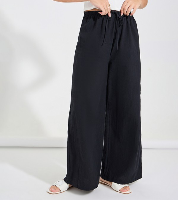 Solid Drawstring Waist Wide Leg Pants