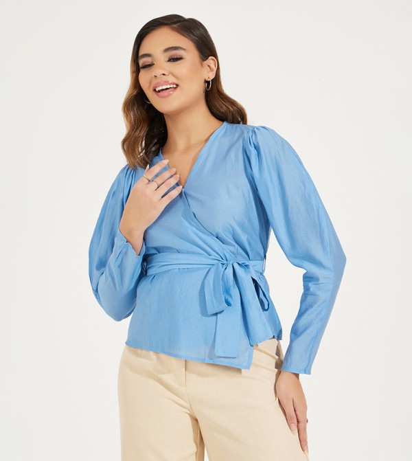 Solid Wrap Top with Long Sleeves & Tie Detail