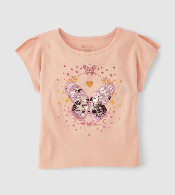 Girls Sequin Graphic Split Sleeve Top