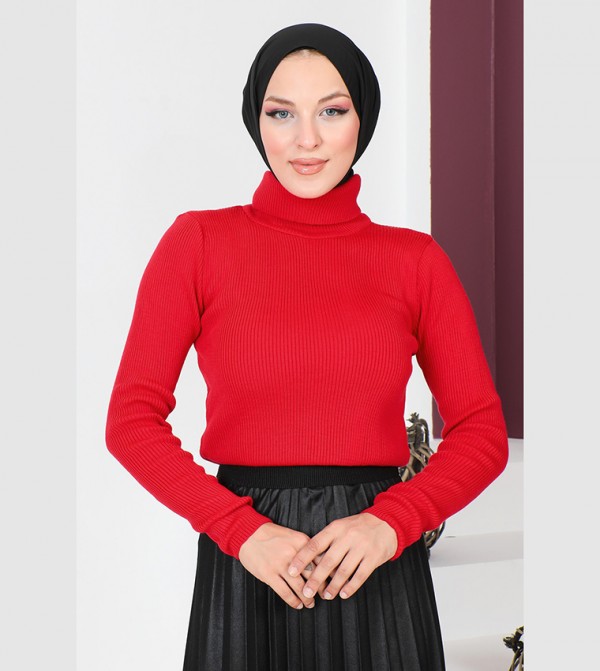 Buy Tesettür Dünyası Turtleneck Long Sleeves Knit Top In Red 6thstreet Saudi Arabia