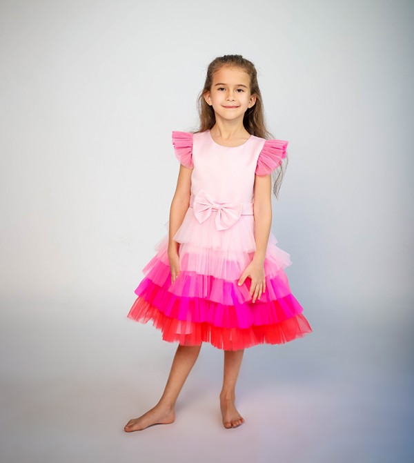 Bow Front Ombre Layered Gown Dress