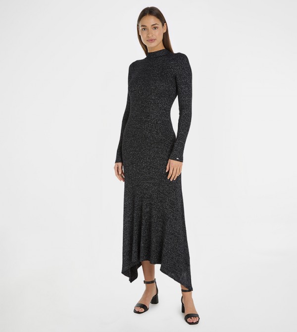 Shimmer Mock Neck Asymmetric Dress