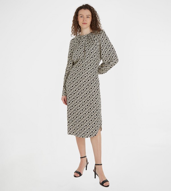 Monogram Printed Balloon Sleeves Midi Dress