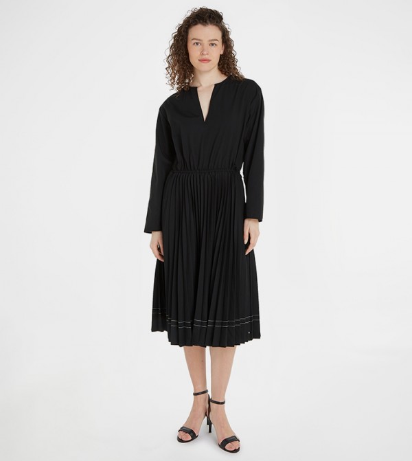 Solid Pleated Midi Dress