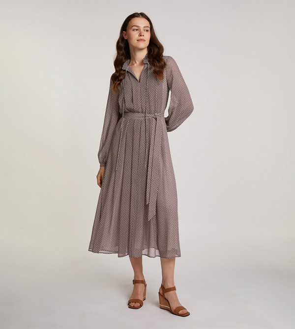 Printed Ruffle Pleated Belted Midi Dress