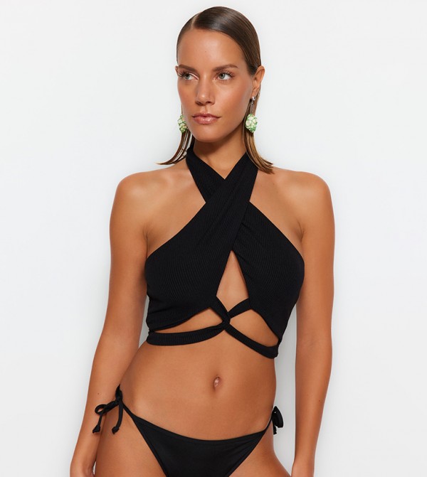 High Neck Criss Cross Bikini Top Criss Cross Halter Black Halter - Main Image