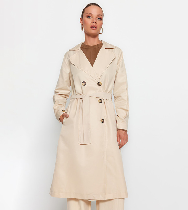 Fog Blue Woolen Button-Up Oversized Long Sleeve Trench Coat main image 1