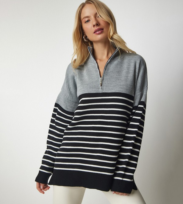 Striped Half-Zipper Knitted Sweater