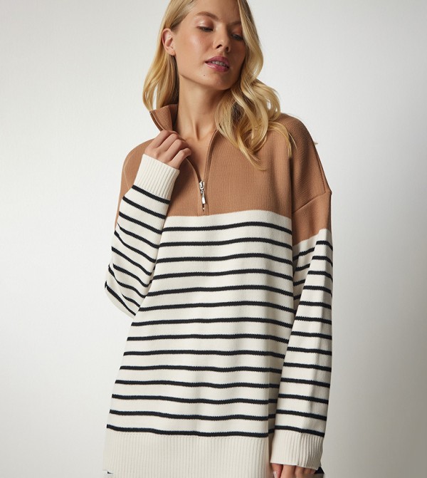 Striped Half-Zipper Knitted Sweater