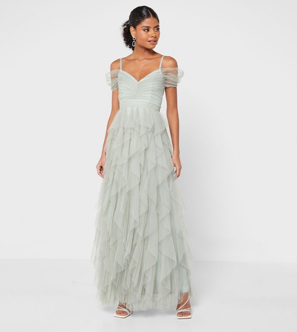 Buy Little Mistress Ruffle Detailed Mesh Maxi Dress In Green 6thStreet Saudi Arabia