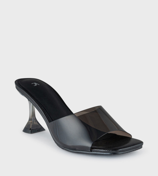 صندل نسائي بكعب بمقدمة مربعة مع حزام شفاف