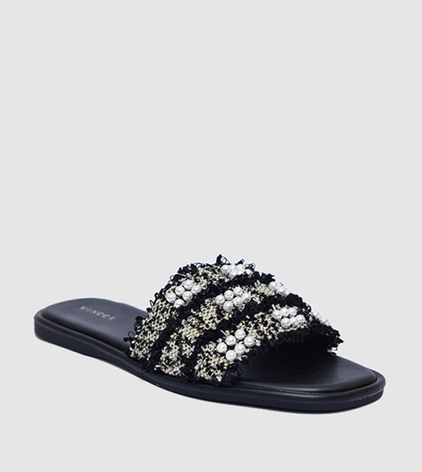Pearl Detail Open Toe Flat Sandals