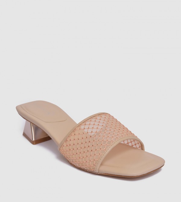 Embellished Mesh Structured Heel Sandals
