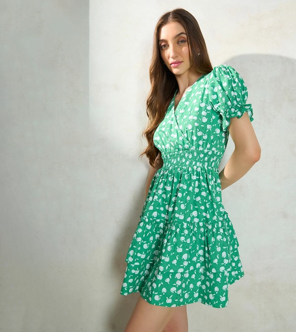 Conversational Printed V-Neck Fit & Flare Mini Dress