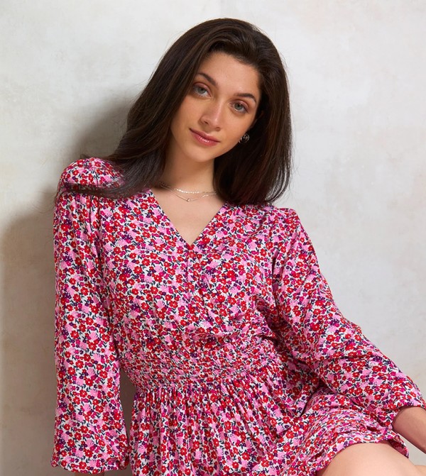 Eesha Floral Printed V-Neck A-Line Mini Dress