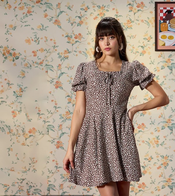 Floral Printed Square Neck Tie Up Fit & Flare Mini Dress
