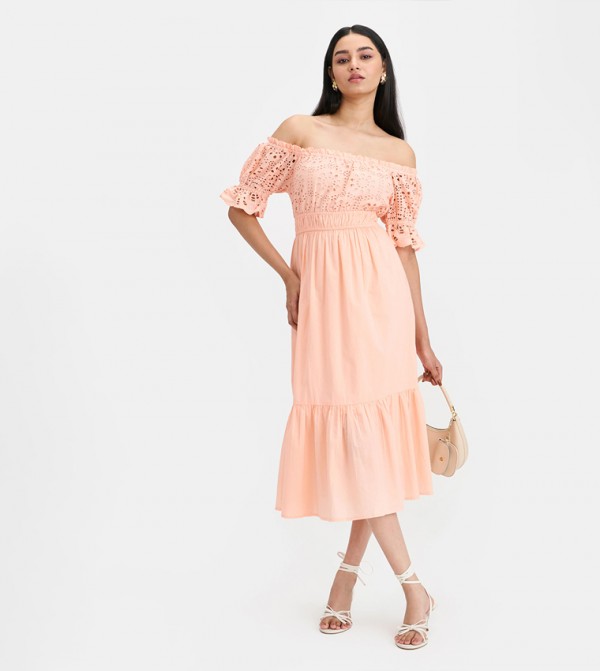 Schiffli Cotton Off-Shoulder Midi Dress