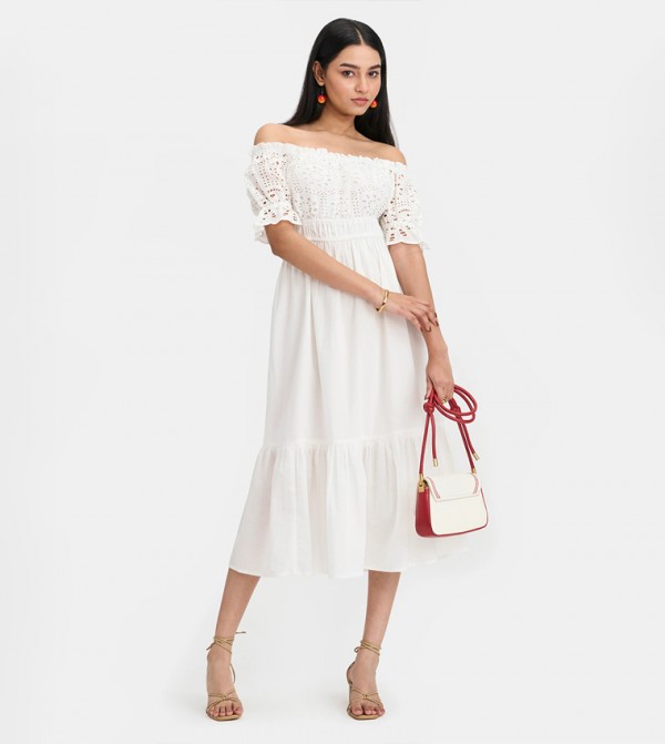 Schiffli Cotton Off-Shoulder Midi Dress