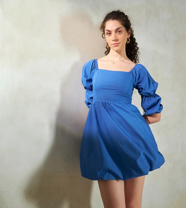Bubble-Hem Balloon Sleeves Mini Dress