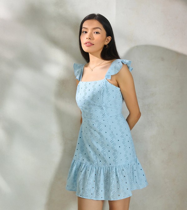 Schiffli Cotton Ruffled Sleeves Skater Dress