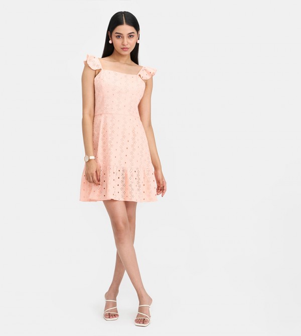 Schiffli Cotton Ruffled Sleeves Skater Dress