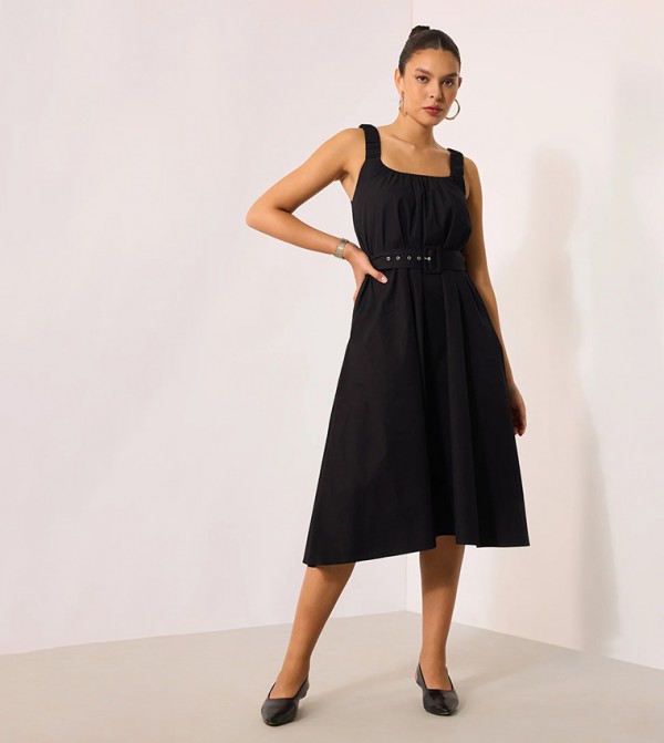Solid Belted Strappy Midi Dress
