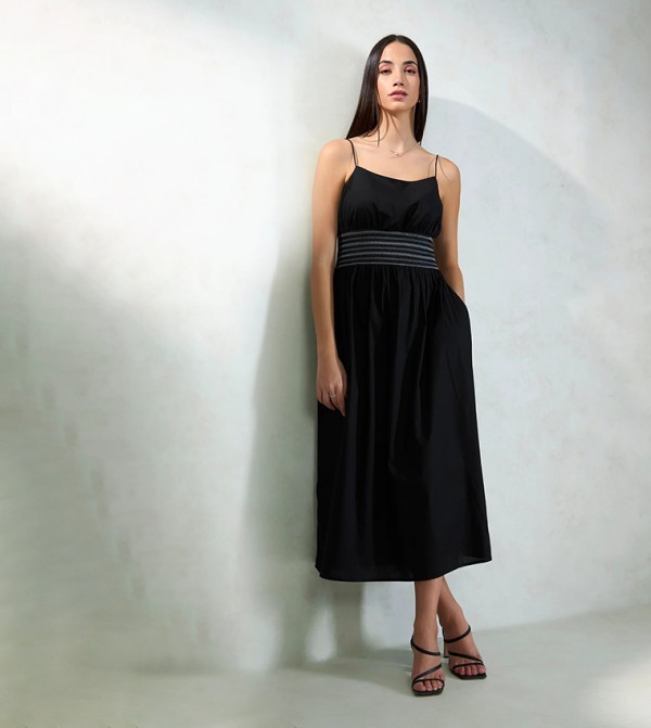 Solid Strappy Fit & Flare Midi Dress